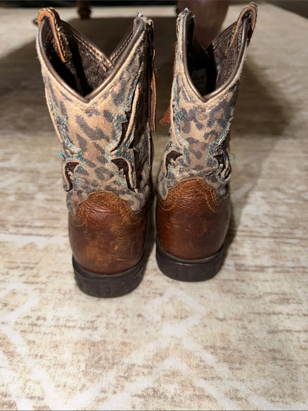 Ariat Kids Brown Leather Cowboy Boots with Leopard-Print Shaft & Teal Stitching